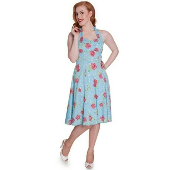 Blue and Pink Rose Floral Halter Dress by Hell Bunny - Size Medium - Hey Viv - Picture 1 of 6